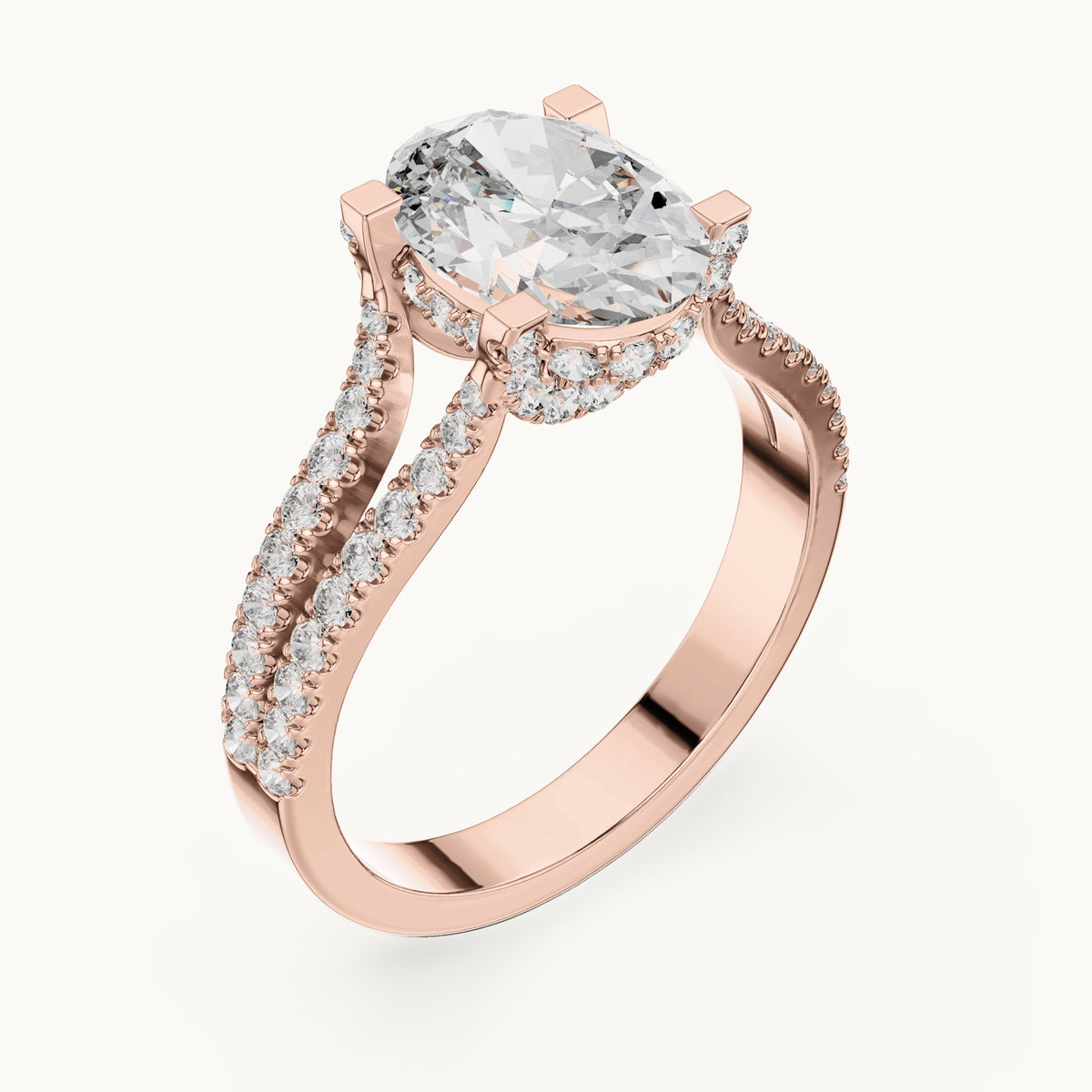 Oval and round lab-grown diamond triple-row split shank engagement ring in rose gold, 2.178 CT TW, view 2