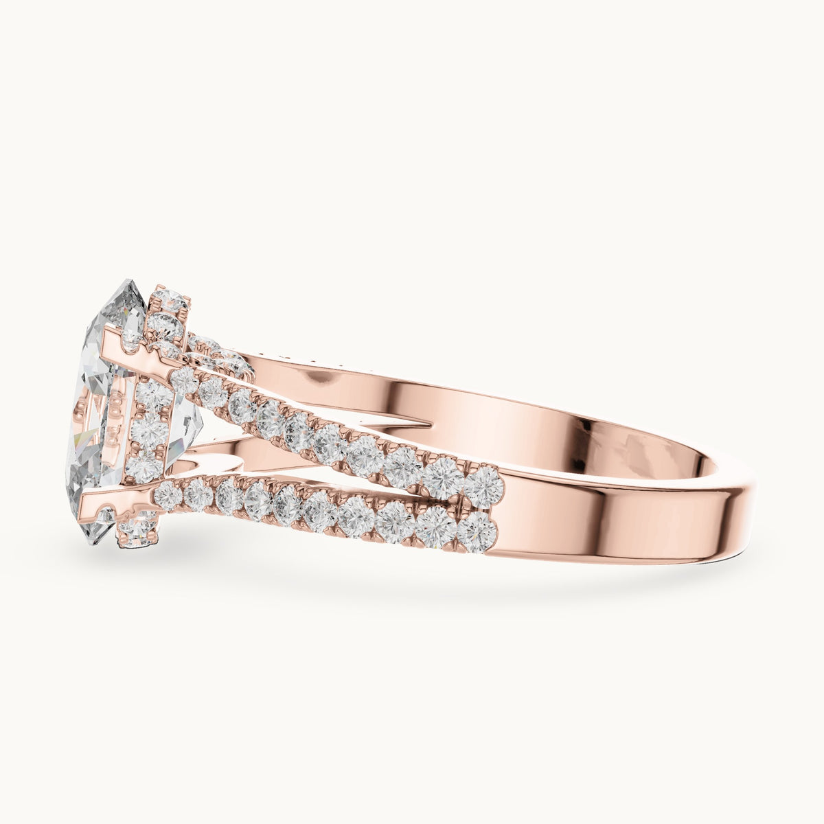 Oval and round lab-grown diamond triple-row split shank engagement ring in rose gold, 2.178 CT TW, view 3