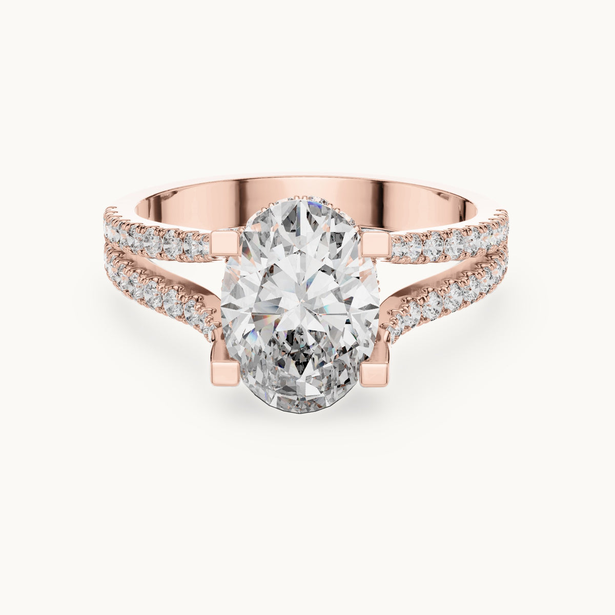 Oval and round lab-grown diamond triple-row split shank engagement ring in rose gold, 2.178 CT TW, view 4