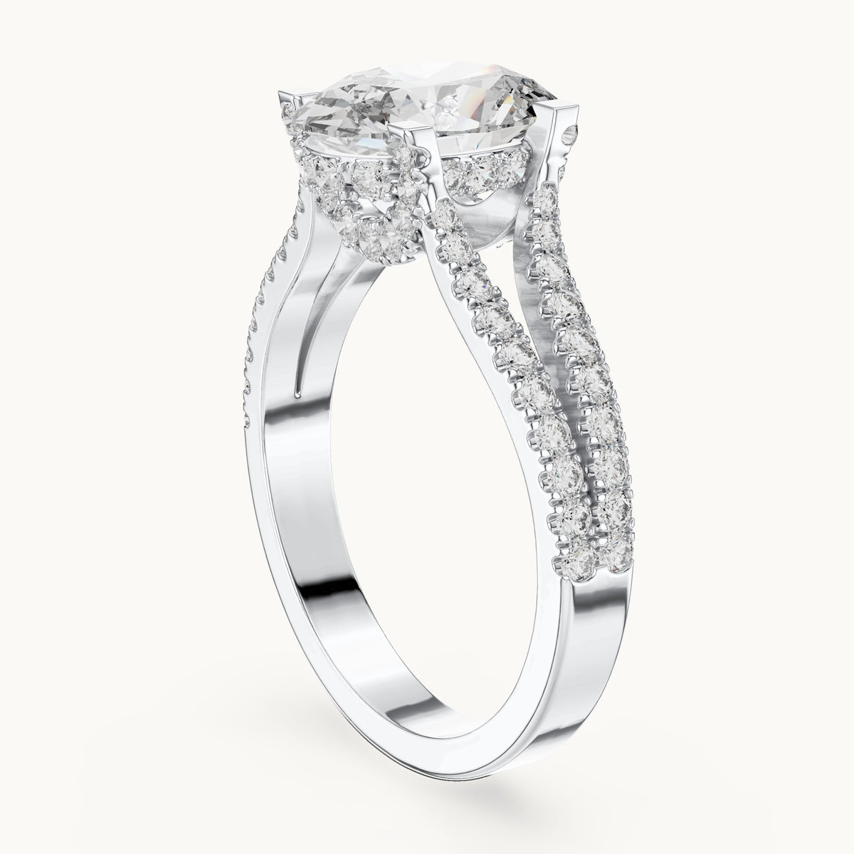 Oval and round lab-grown diamond triple-row split shank engagement ring in white gold, 2.178 CT TW, view 1