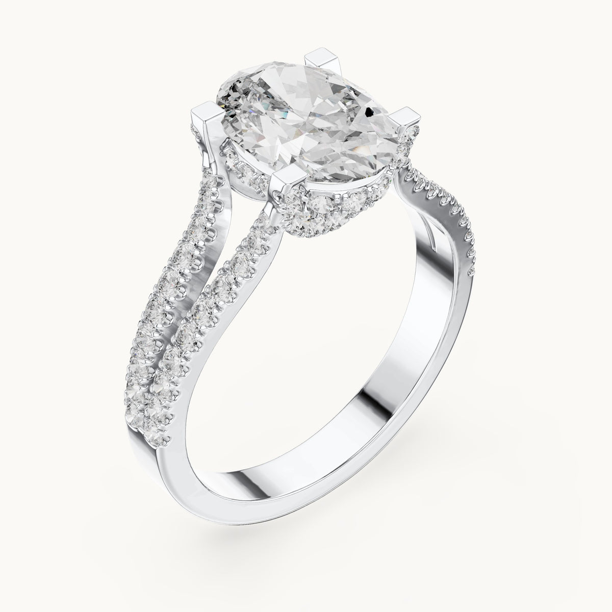 Oval and round lab-grown diamond triple-row split shank engagement ring in white gold, 2.178 CT TW, view 2