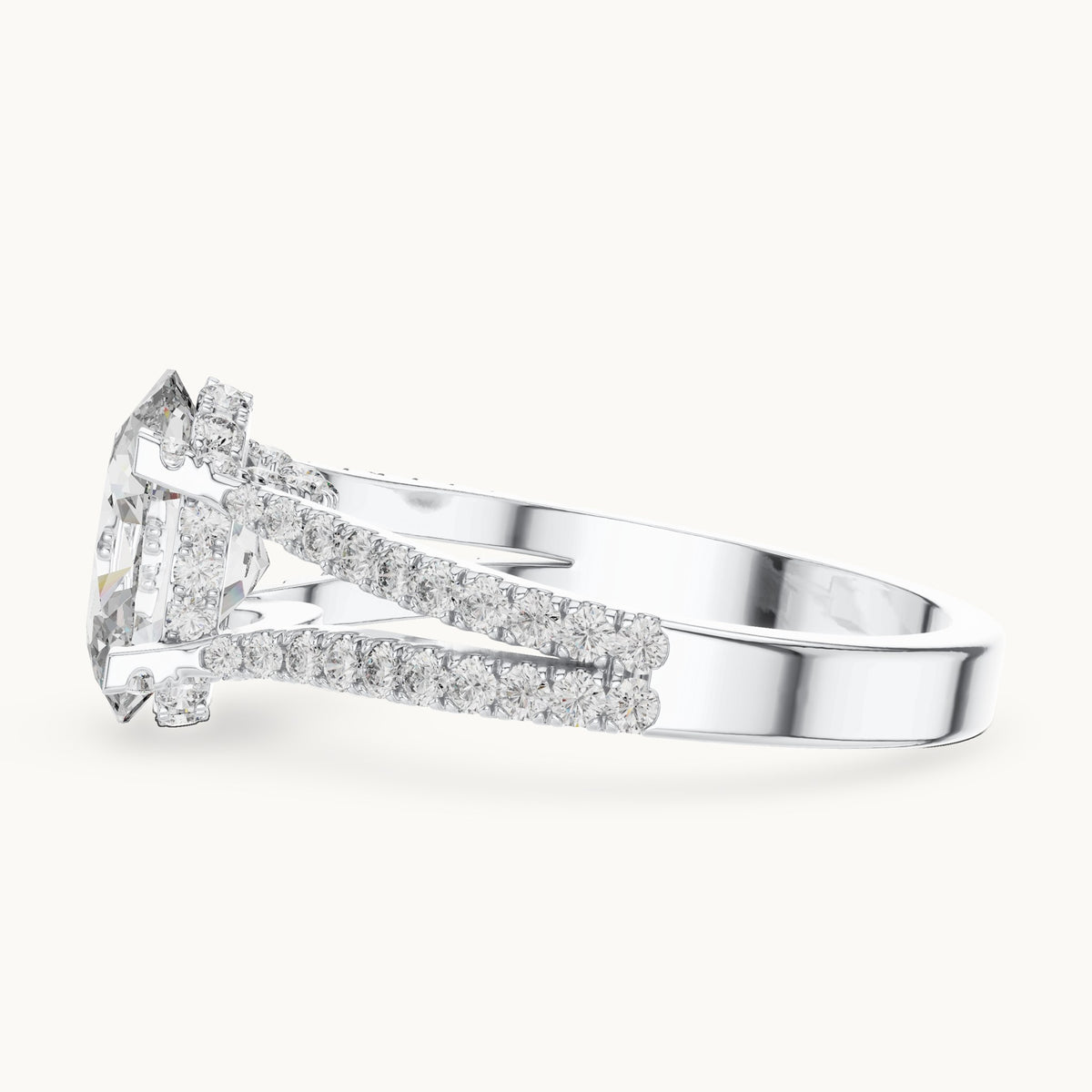 Oval and round lab-grown diamond triple-row split shank engagement ring in white gold, 2.178 CT TW, view 3
