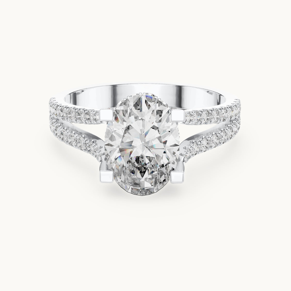 Oval and round lab-grown diamond triple-row split shank engagement ring in white gold, 2.178 CT TW, view 4