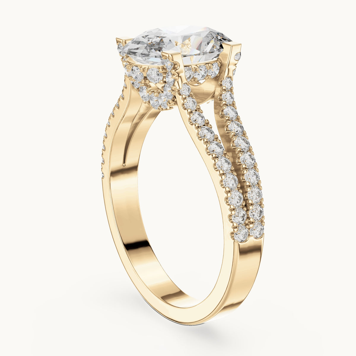 Oval and round lab-grown diamond triple-row split shank engagement ring in yellow gold, 2.178 CT TW, view 1