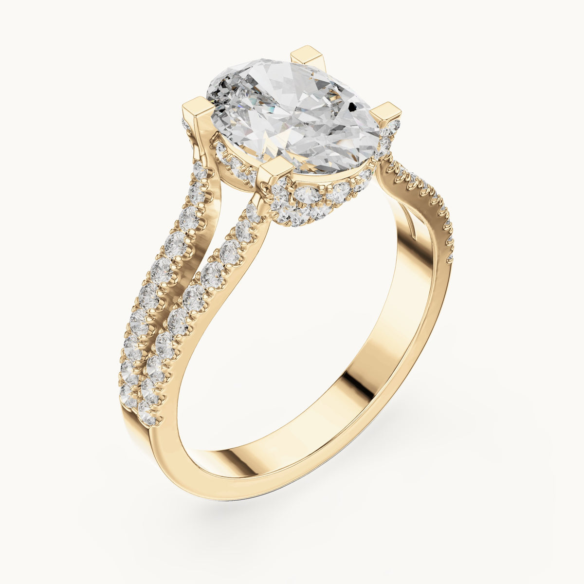 Oval and round lab-grown diamond triple-row split shank engagement ring in yellow gold, 2.178 CT TW, view 2