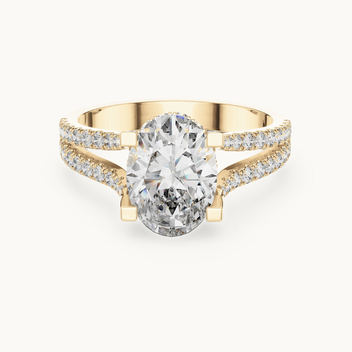 Oval and round lab-grown diamond triple-row split shank engagement ring in yellow gold, 2.178 CT TW, view 4