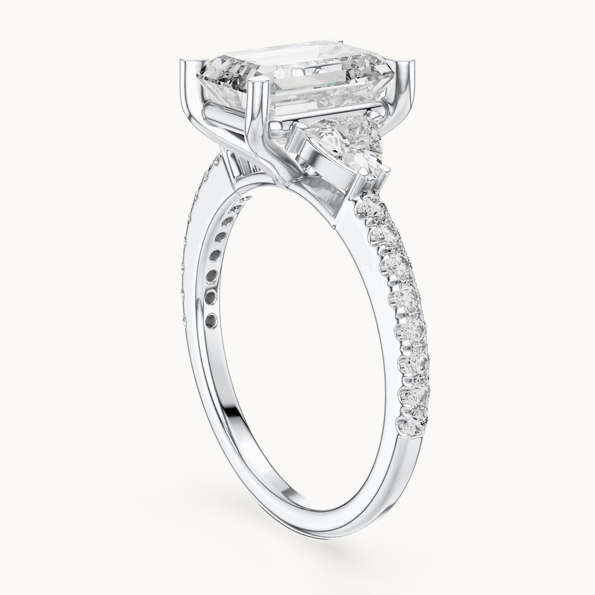 Emerald-cut, trillion and round lab-grown diamond three-stone engagement ring with trillion side stones in white gold, 3.25 CT TW, view 1