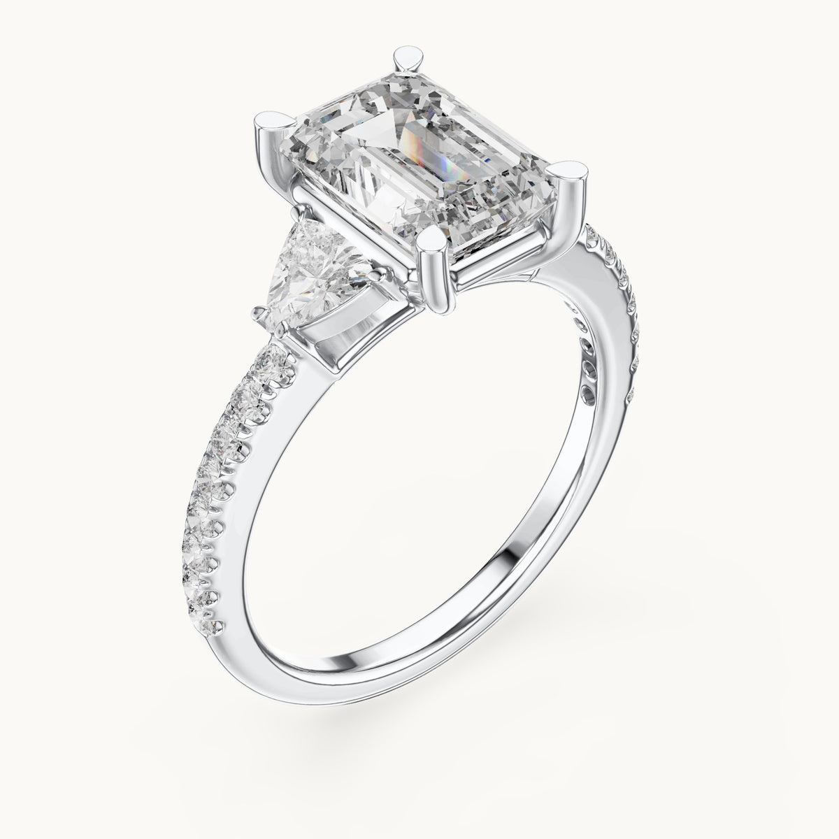 Emerald-cut, trillion and round lab-grown diamond three-stone engagement ring with trillion side stones in white gold, 3.25 CT TW, view 2
