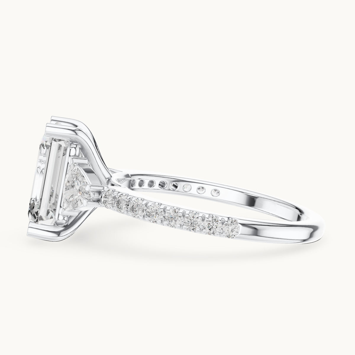 Emerald-cut, trillion and round lab-grown diamond three-stone engagement ring with trillion side stones in white gold, 3.25 CT TW, view 3