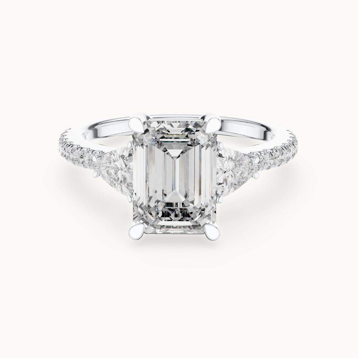 Emerald-cut, trillion and round lab-grown diamond three-stone engagement ring with trillion side stones in white gold, 3.25 CT TW, view 4