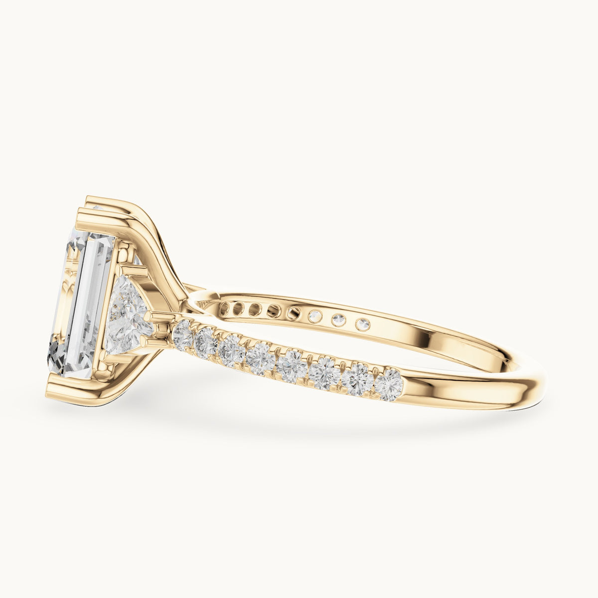 Emerald-cut, trillion and round lab-grown diamond three-stone engagement ring with trillion side stones in yellow gold, 3.25 CT TW, view 3