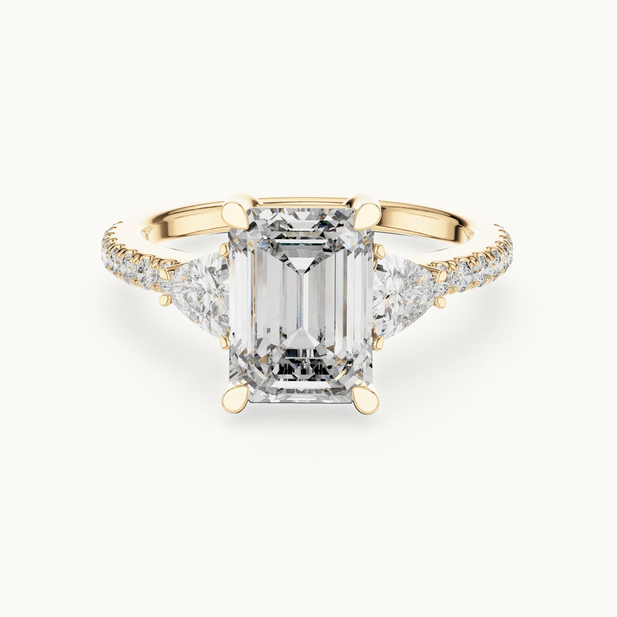 Emerald-cut, trillion and round lab-grown diamond three-stone engagement ring with trillion side stones in yellow gold, 3.25 CT TW, view 4