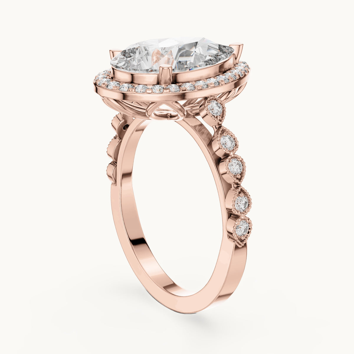 Pear and round lab-grown diamond halo engagement ring with bezel station band in rose gold, 3.413 CT TW, view 1