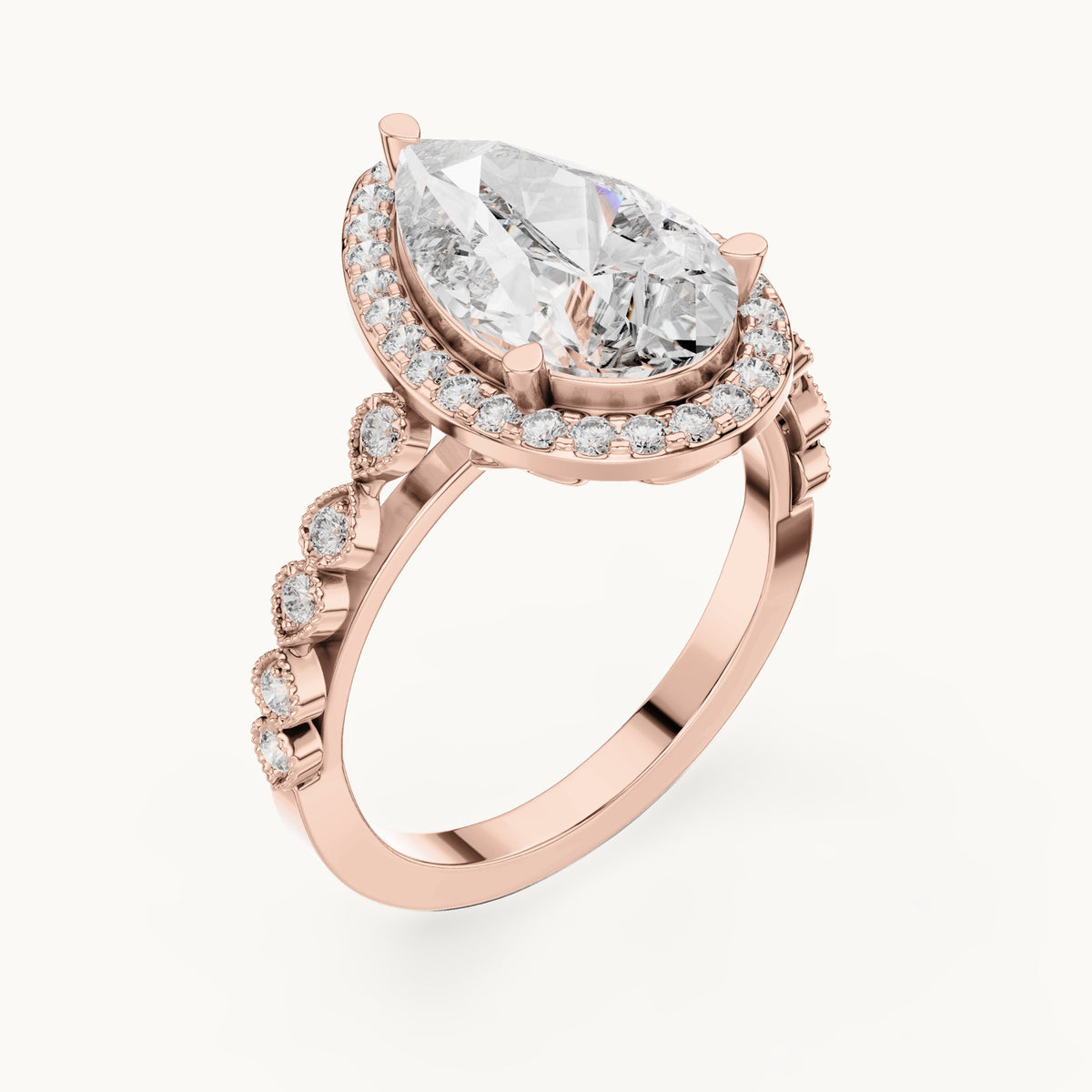 Pear and round lab-grown diamond halo engagement ring with bezel station band in rose gold, 3.413 CT TW, view 2
