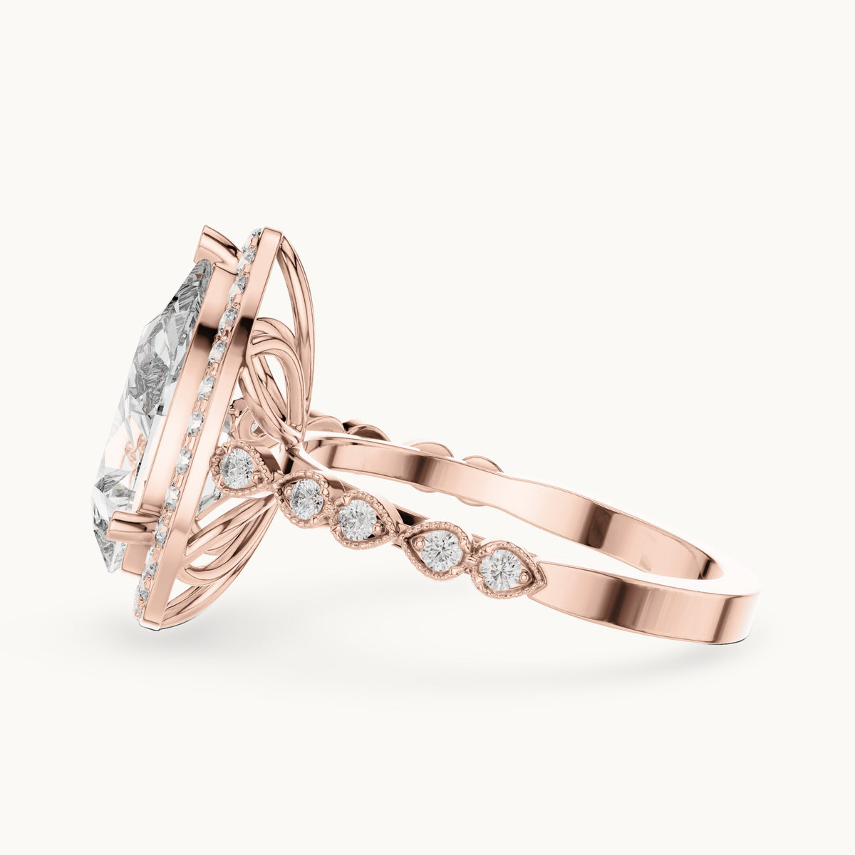 Pear and round lab-grown diamond halo engagement ring with bezel station band in rose gold, 3.413 CT TW, view 3