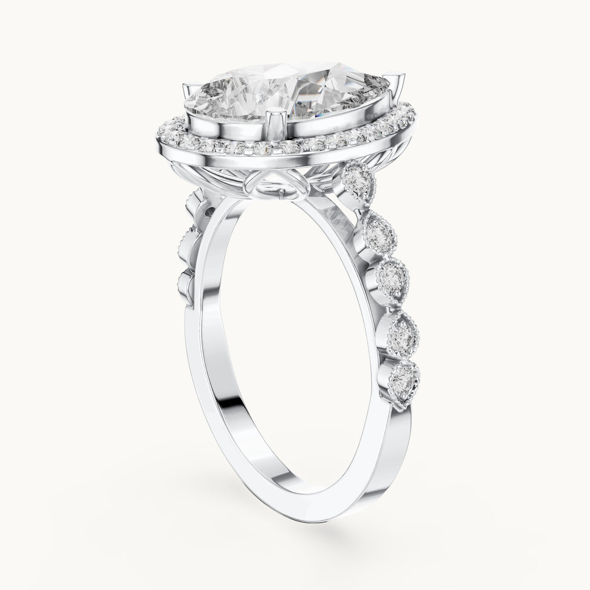 Pear and round lab-grown diamond halo engagement ring with bezel station band in white gold, 3.413 CT TW, view 1