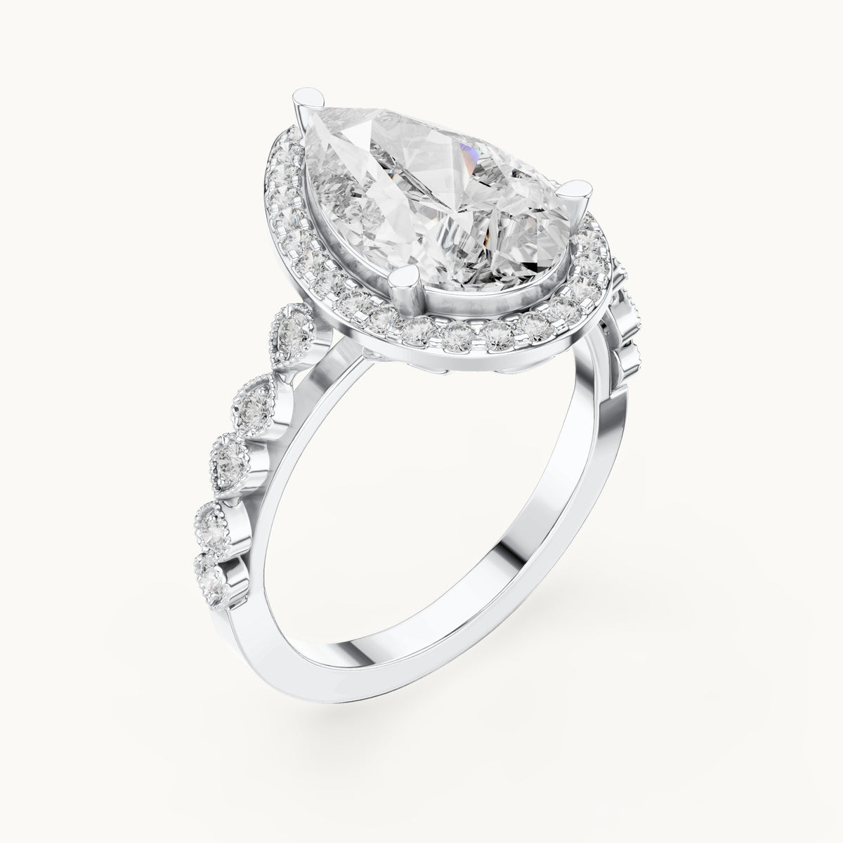 Pear and round lab-grown diamond halo engagement ring with bezel station band in white gold, 3.413 CT TW, view 2