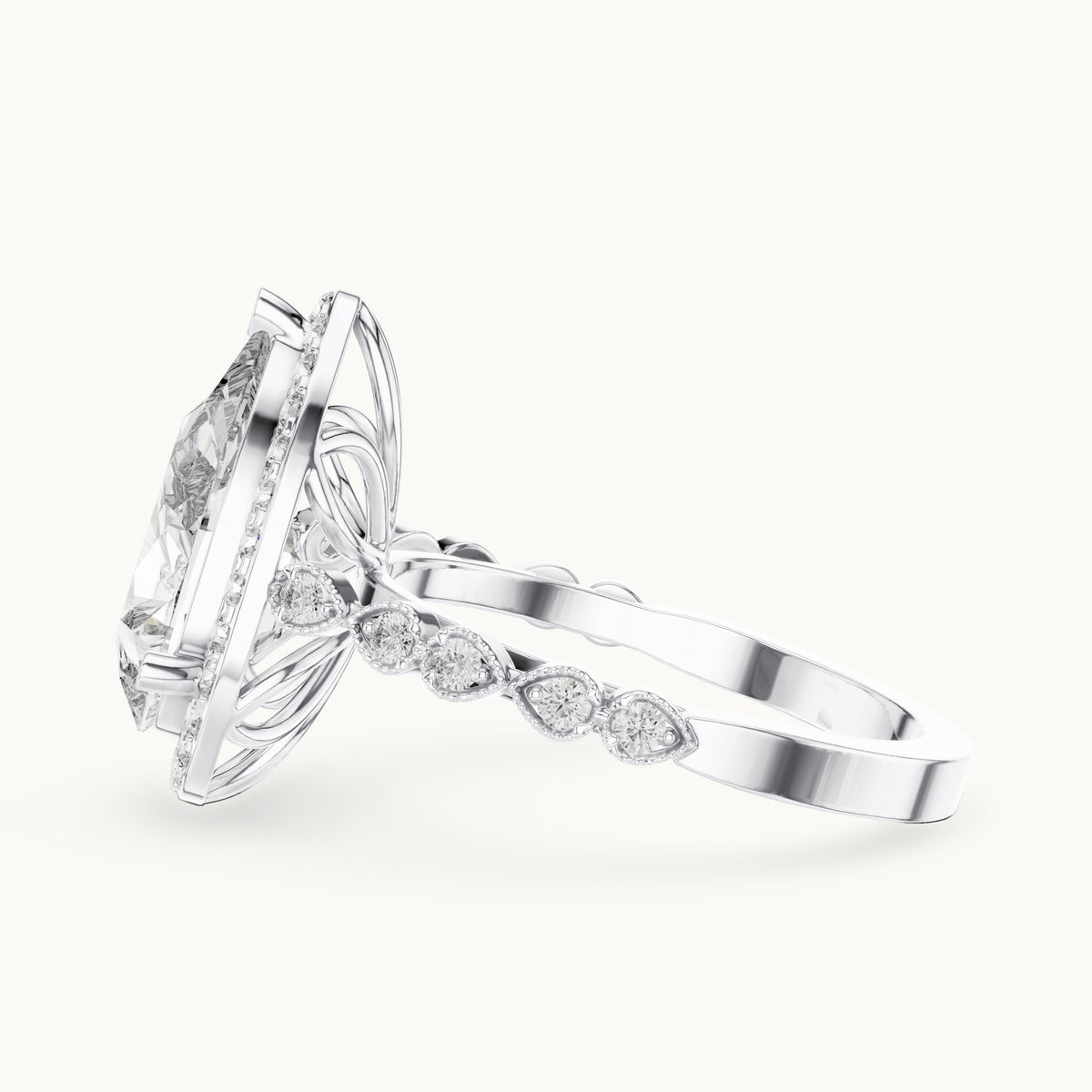 Pear and round lab-grown diamond halo engagement ring with bezel station band in white gold, 3.413 CT TW, view 3