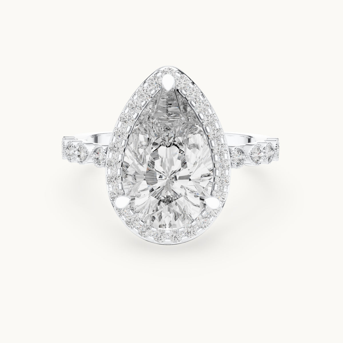Pear and round lab-grown diamond halo engagement ring with bezel station band in white gold, 3.413 CT TW, view 4