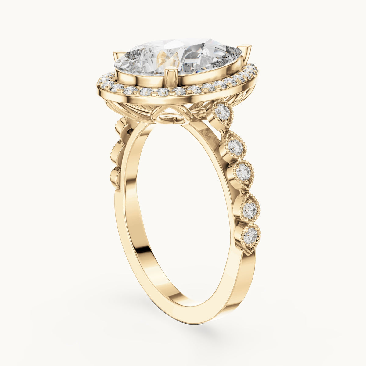 Pear and round lab-grown diamond halo engagement ring with bezel station band in yellow gold, 3.413 CT TW, view 1