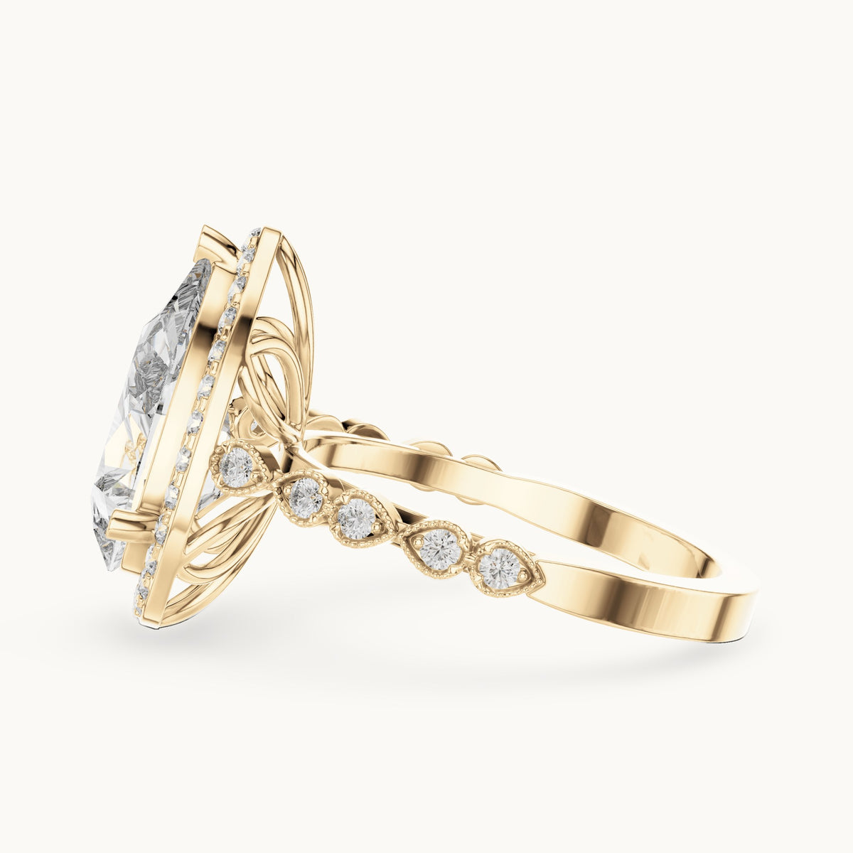 Pear and round lab-grown diamond halo engagement ring with bezel station band in yellow gold, 3.413 CT TW, view 3