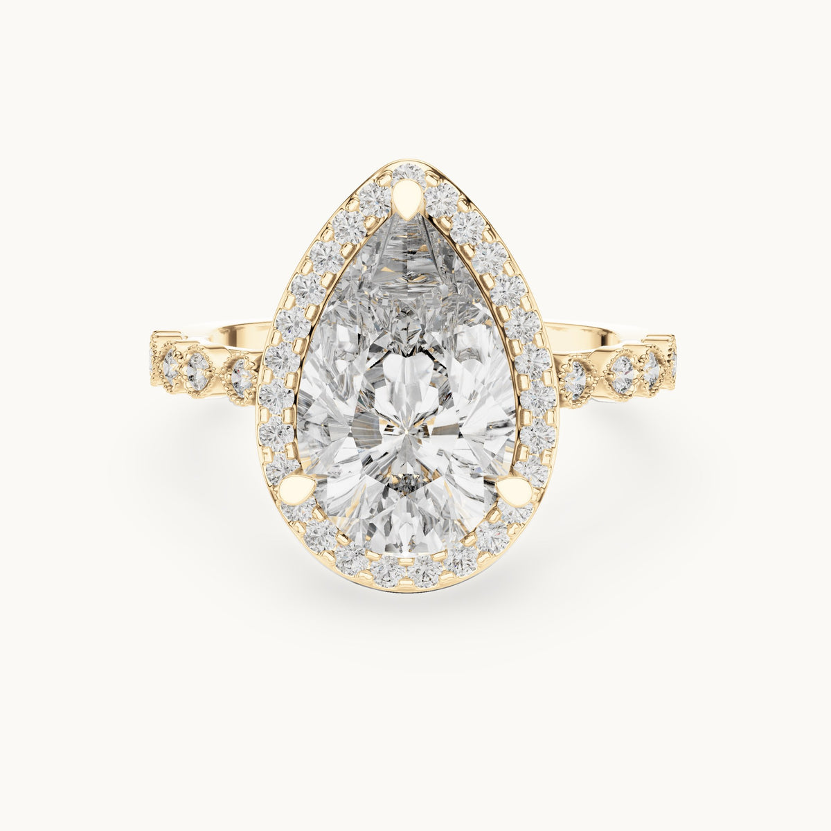 Pear and round lab-grown diamond halo engagement ring with bezel station band in yellow gold, 3.413 CT TW, view 4
