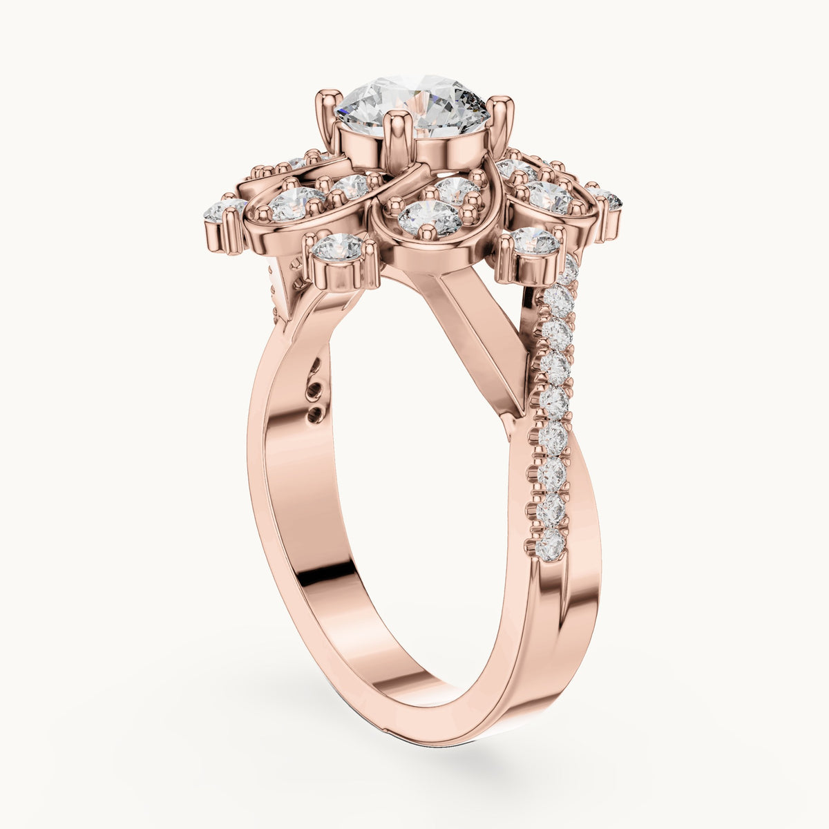 Round lab-grown diamond floral cluster engagement ring in rose gold, 1.594 CT TW, view 1