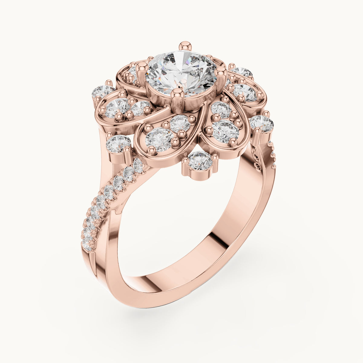 Round lab-grown diamond floral cluster engagement ring in rose gold, 1.594 CT TW, view 2