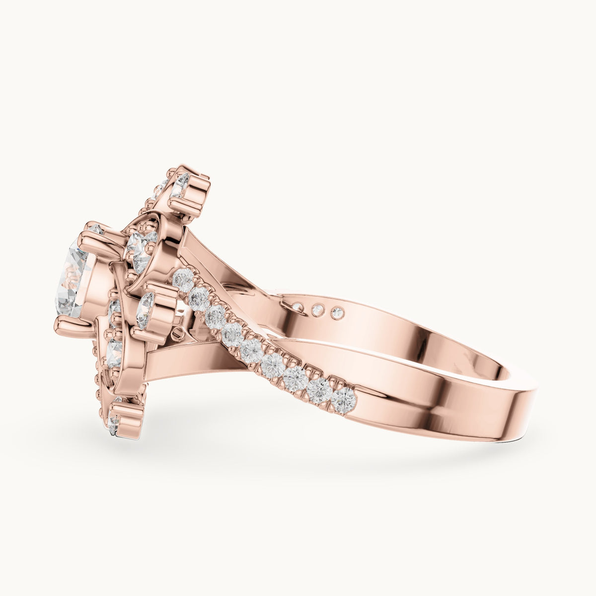 Round lab-grown diamond floral cluster engagement ring in rose gold, 1.594 CT TW, view 3