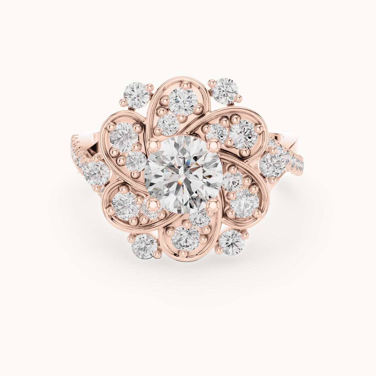 Round lab-grown diamond floral cluster engagement ring in rose gold, 1.594 CT TW, view 4
