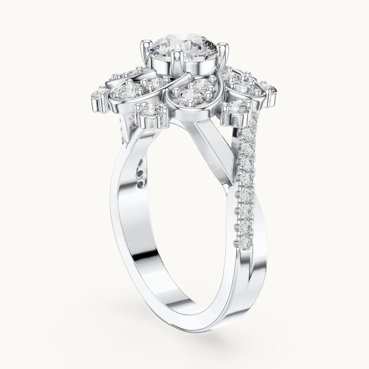 Round lab-grown diamond floral cluster engagement ring in white gold, 1.594 CT TW, view 1