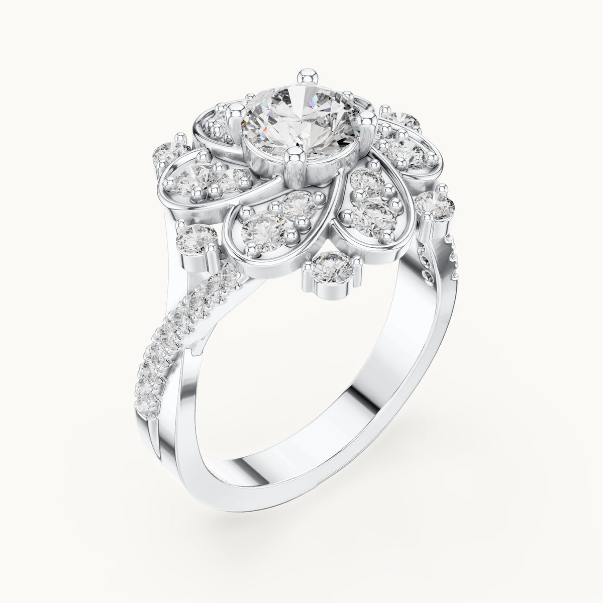 Round lab-grown diamond floral cluster engagement ring in white gold, 1.594 CT TW, view 2