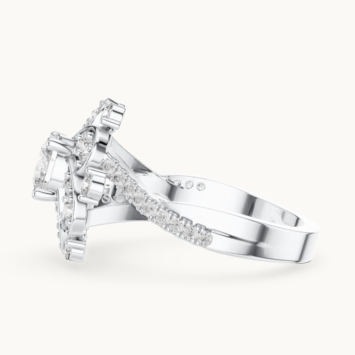 Round lab-grown diamond floral cluster engagement ring in white gold, 1.594 CT TW, view 3