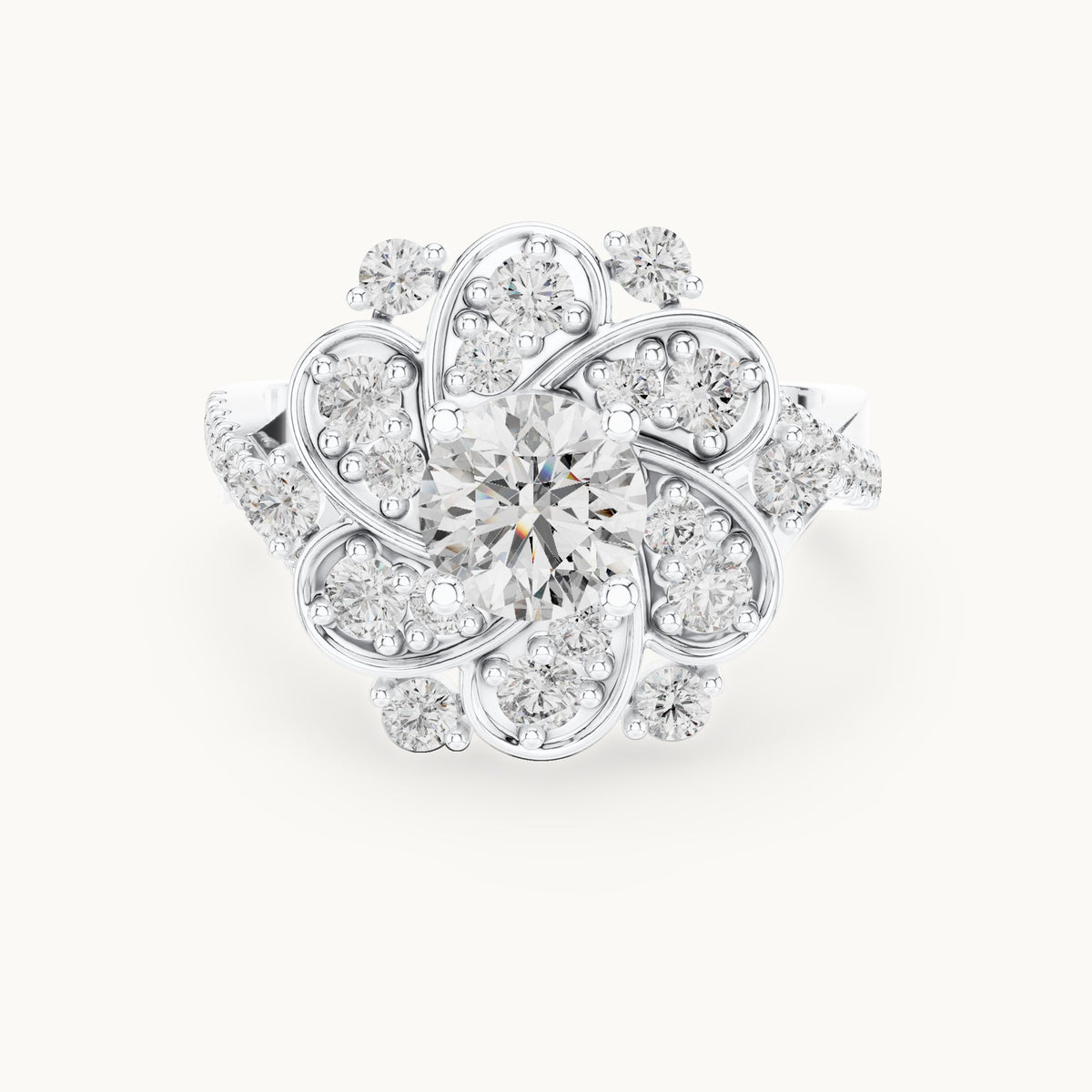 Round lab-grown diamond floral cluster engagement ring in white gold, 1.594 CT TW, view 4