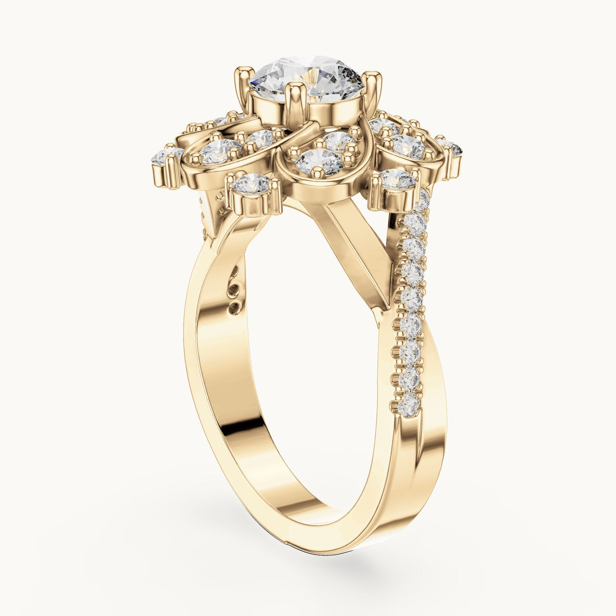 Round lab-grown diamond floral cluster engagement ring in yellow gold, 1.594 CT TW, view 1