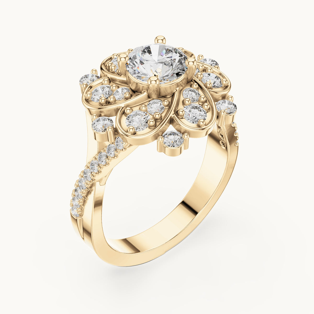 Round lab-grown diamond floral cluster engagement ring in yellow gold, 1.594 CT TW, view 2