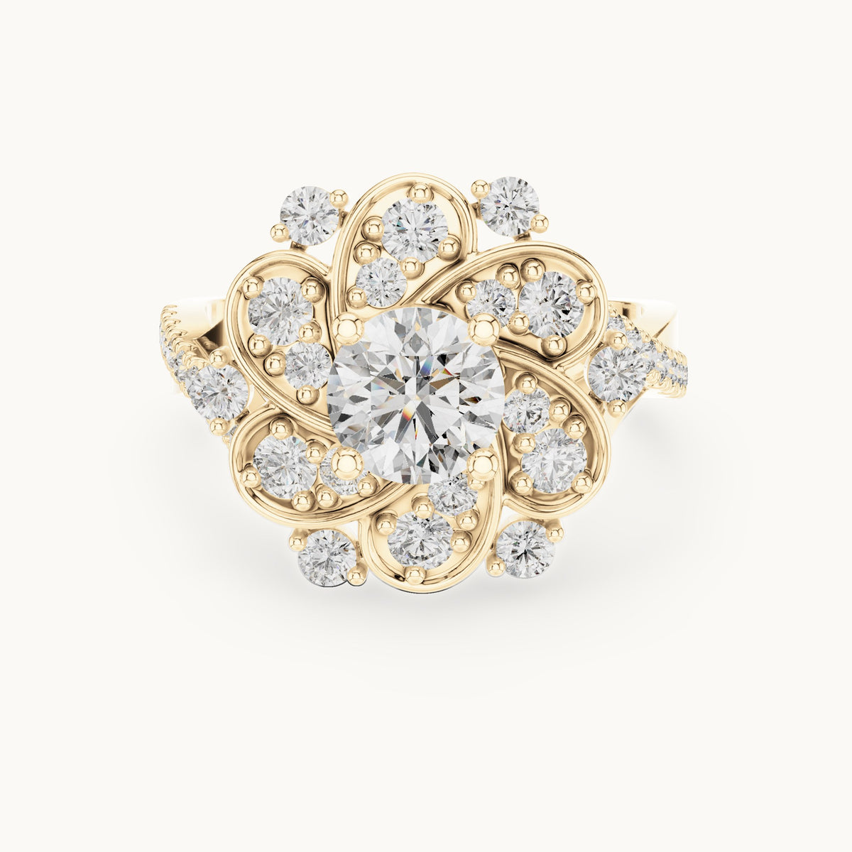 Round lab-grown diamond floral cluster engagement ring in yellow gold, 1.594 CT TW, view 4