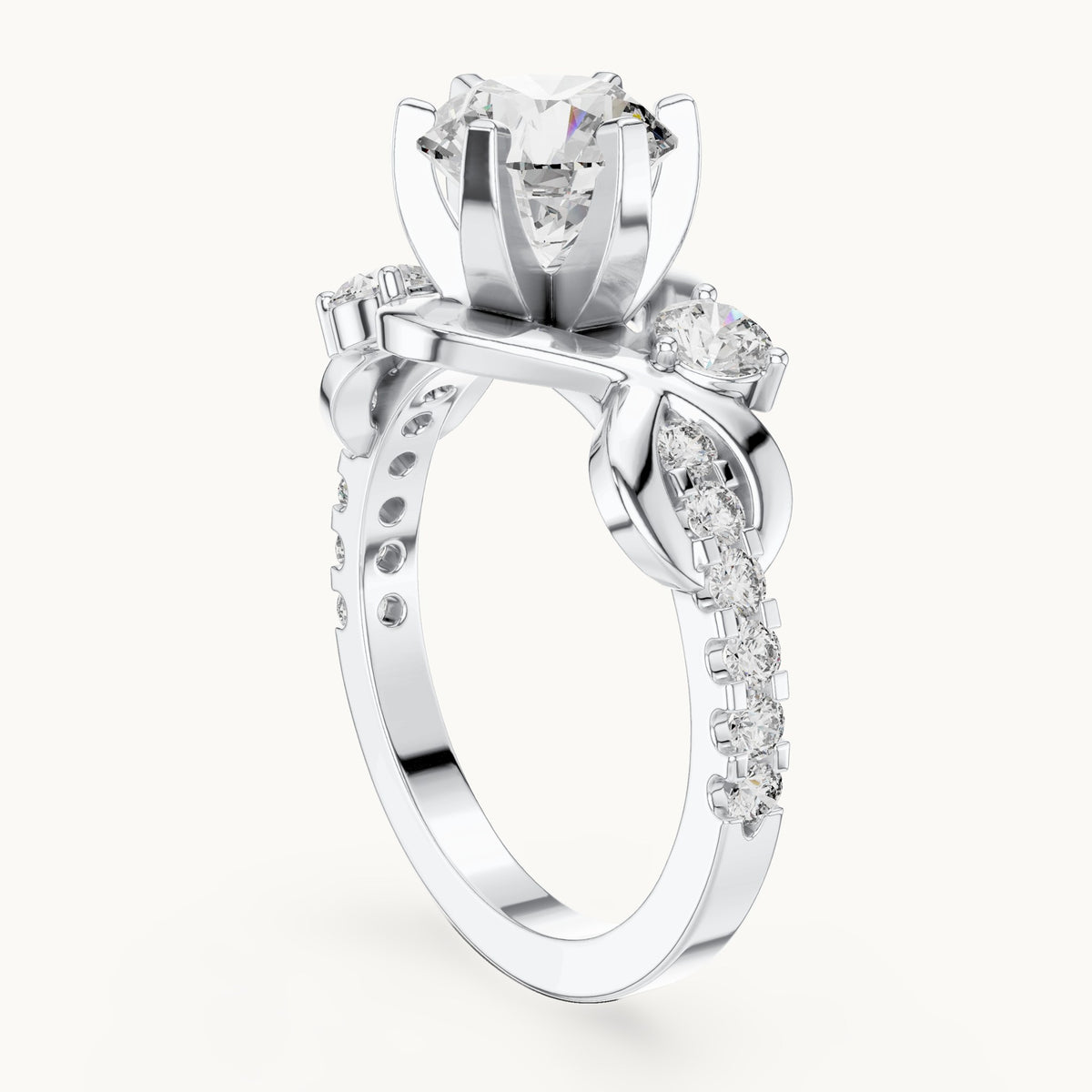 Round lab-grown diamond vine engagement ring in white gold, 2.072 CT TW, view 1