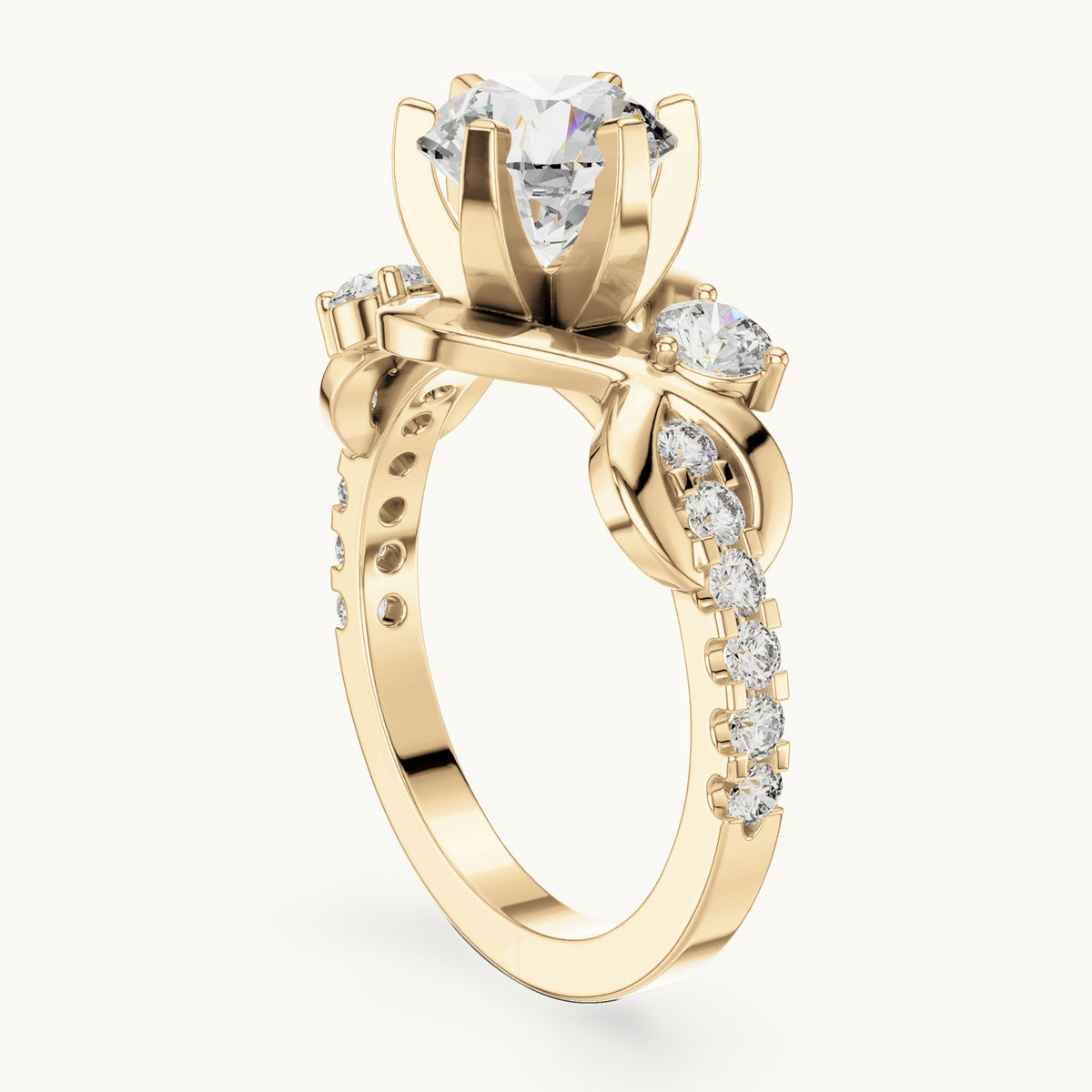Round lab-grown diamond vine engagement ring in yellow gold, 2.072 CT TW, view 1