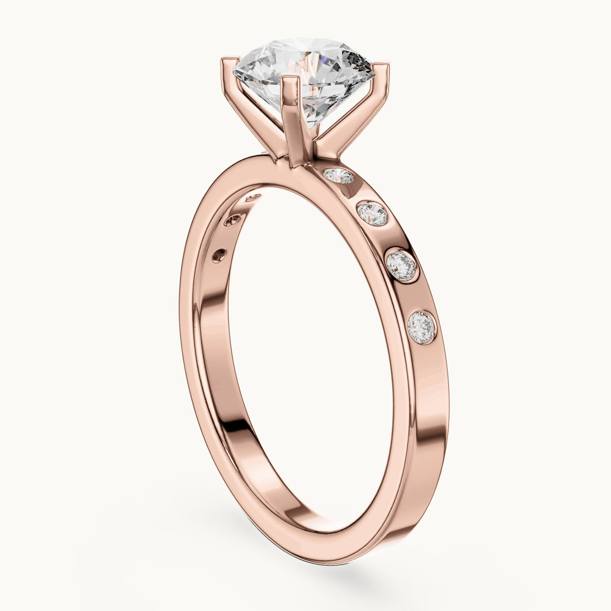 Round lab-grown diamond solitaire engagement ring with bezel accents in rose gold, 1.12 CT TW, view 1