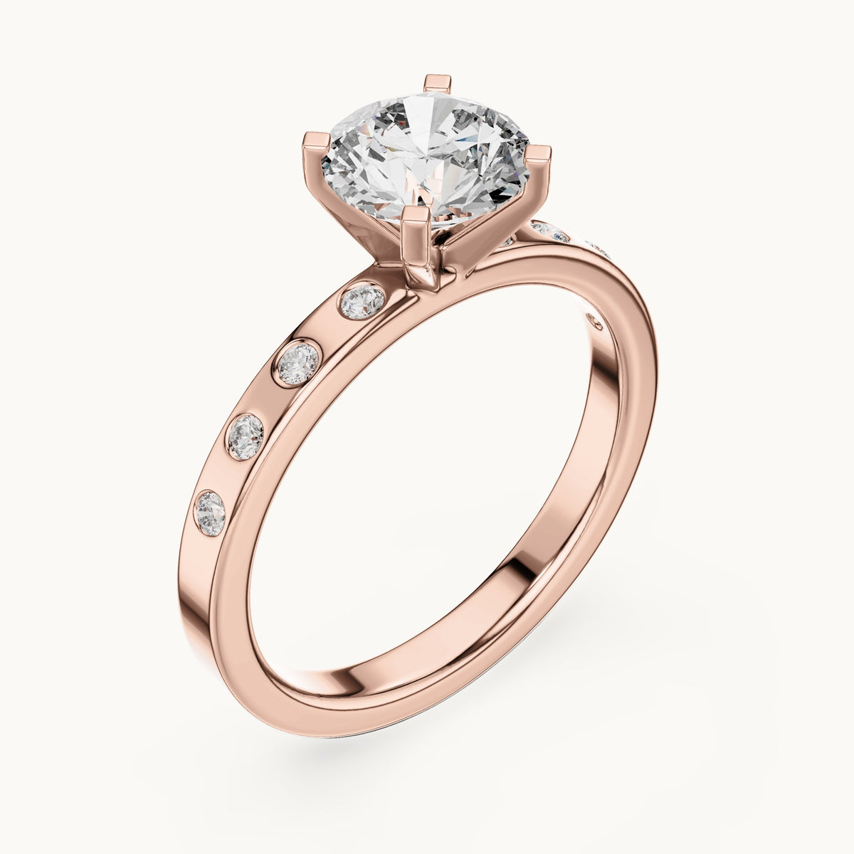 Round lab-grown diamond solitaire engagement ring with bezel accents in rose gold, 1.12 CT TW, view 2