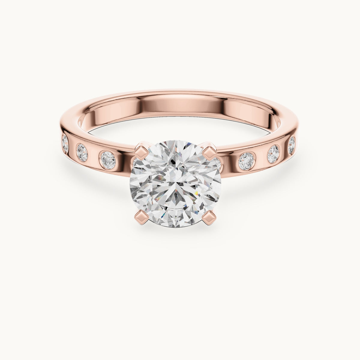 Round lab-grown diamond solitaire engagement ring with bezel accents in rose gold, 1.12 CT TW, view 4