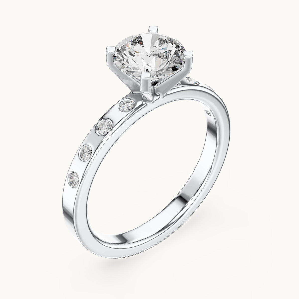 Round lab-grown diamond solitaire engagement ring with bezel accents in white gold, 1.12 CT TW, view 2