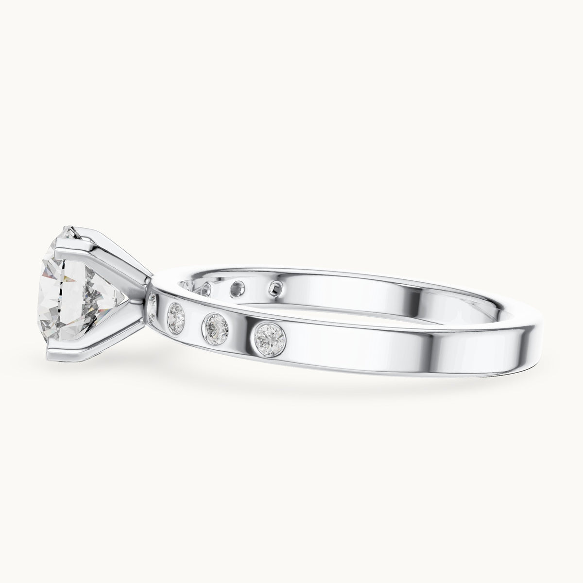 Round lab-grown diamond solitaire engagement ring with bezel accents in white gold, 1.12 CT TW, view 3