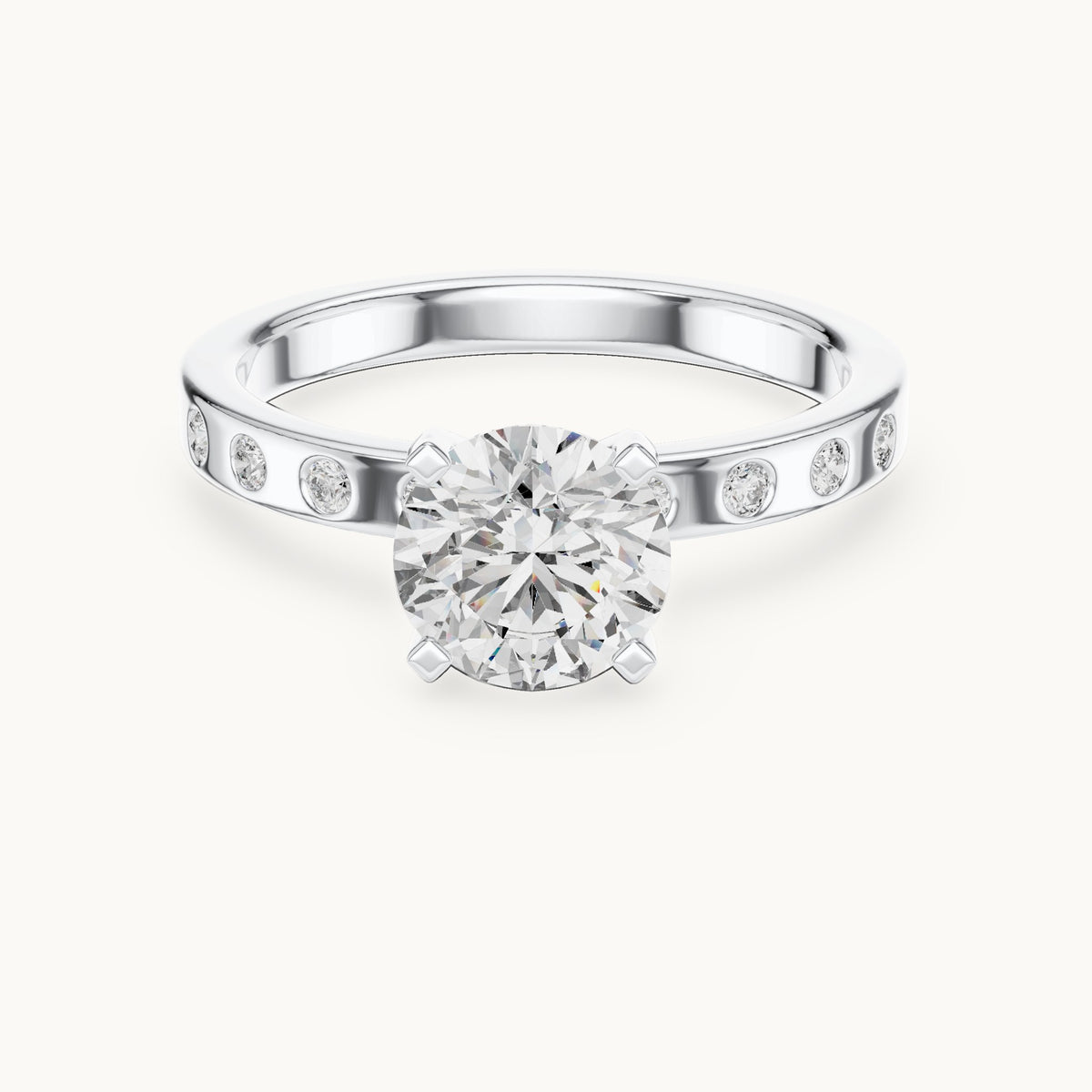 Round lab-grown diamond solitaire engagement ring with bezel accents in white gold, 1.12 CT TW, view 4