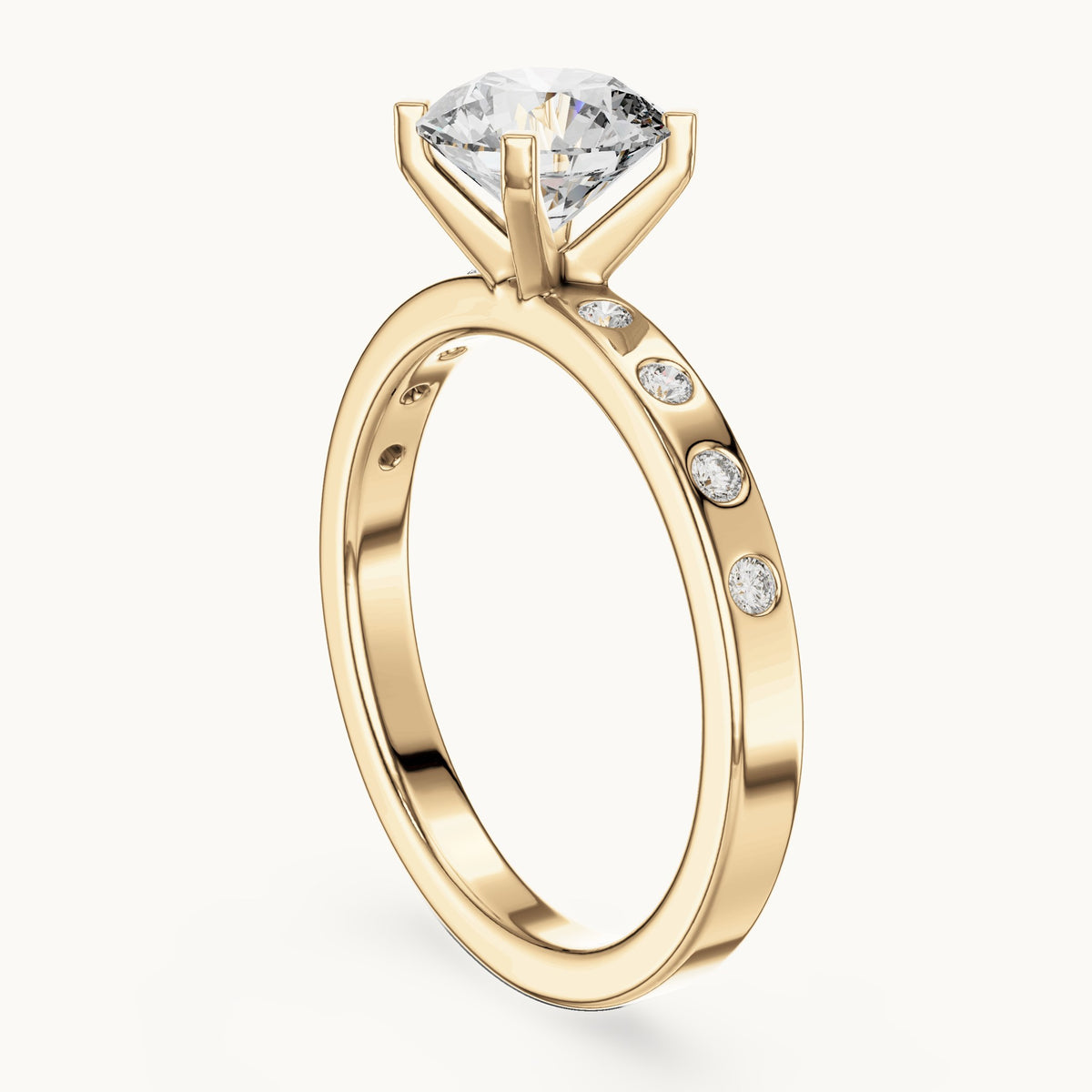 Round lab-grown diamond solitaire engagement ring with bezel accents in yellow gold, 1.12 CT TW, view 1