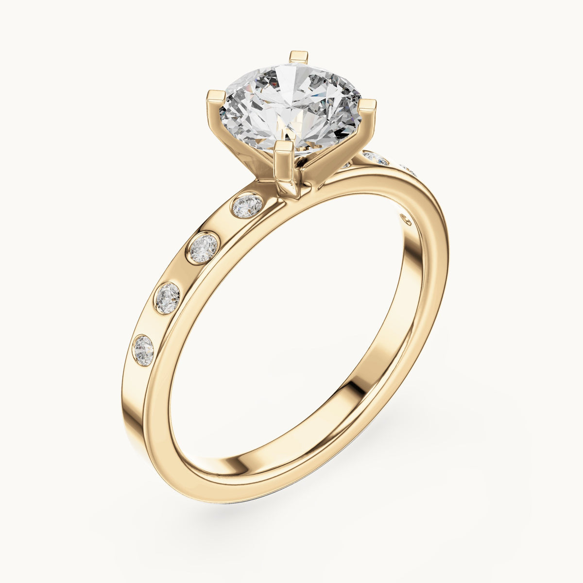 Round lab-grown diamond solitaire engagement ring with bezel accents in yellow gold, 1.12 CT TW, view 2