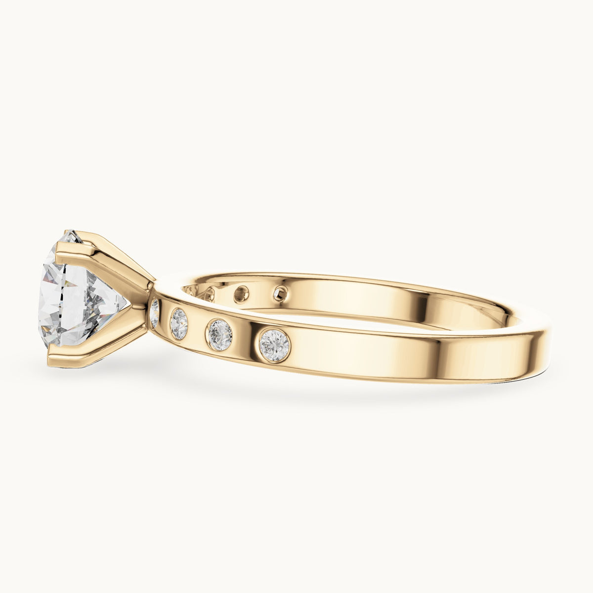 Round lab-grown diamond solitaire engagement ring with bezel accents in yellow gold, 1.12 CT TW, view 3