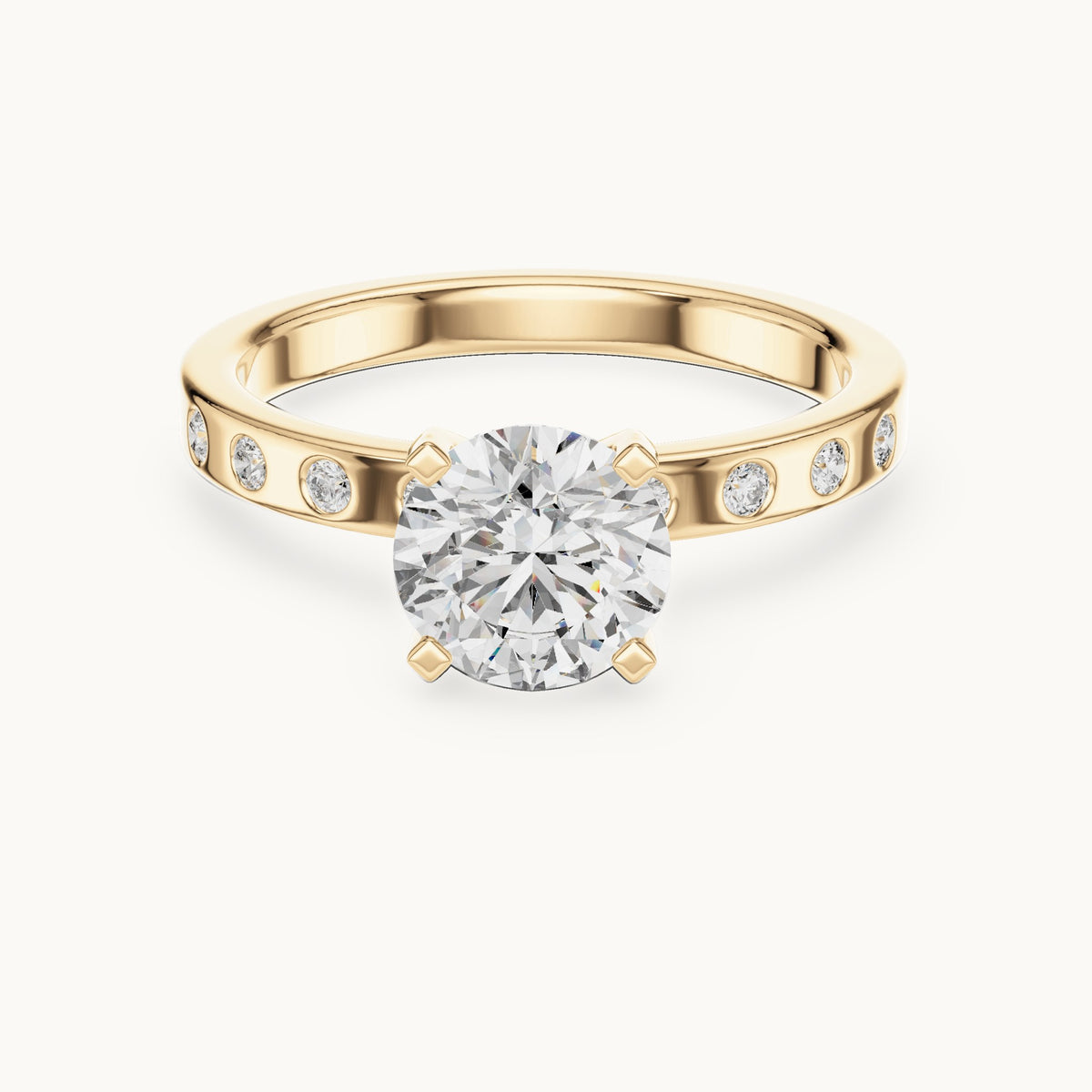 Round lab-grown diamond solitaire engagement ring with bezel accents in yellow gold, 1.12 CT TW, view 4