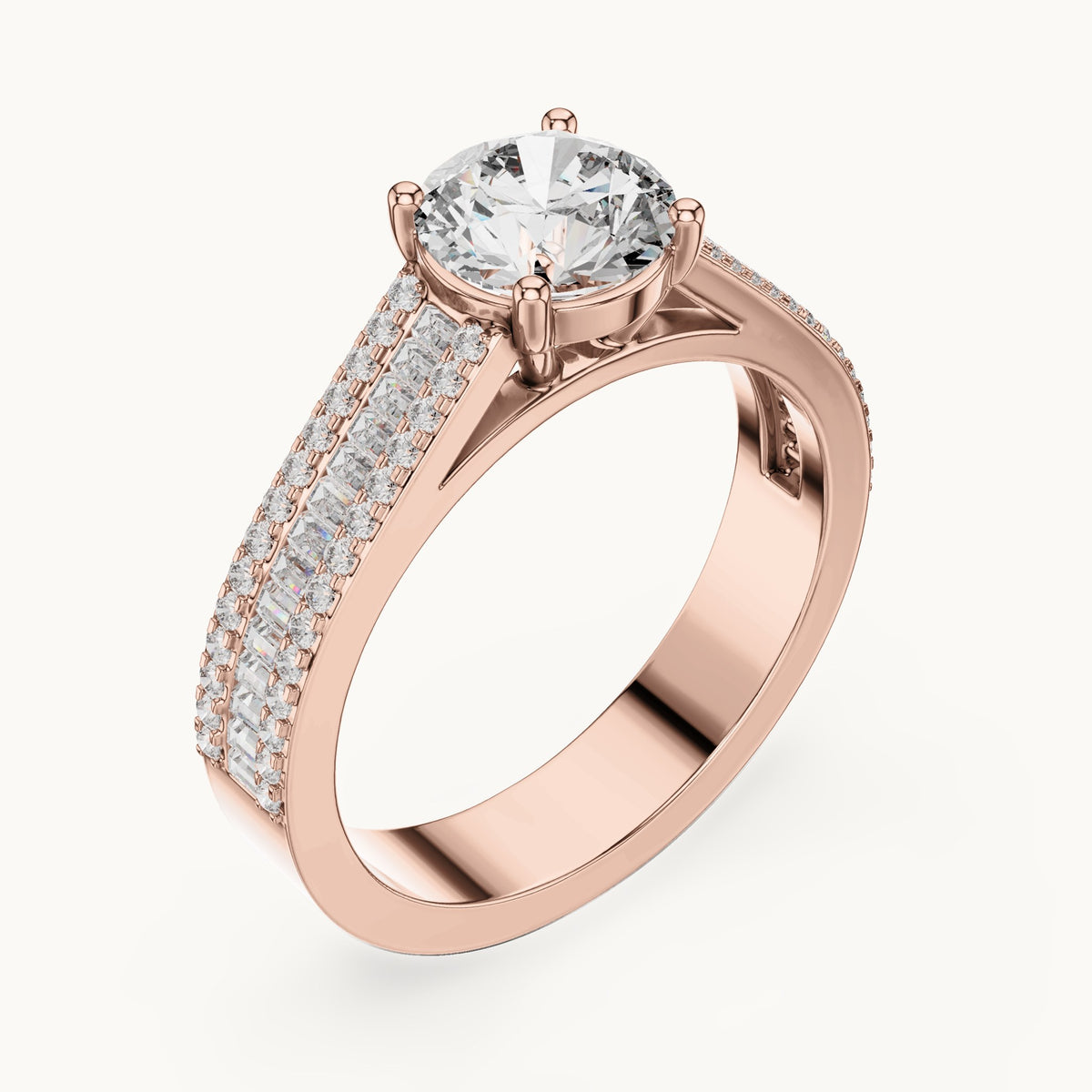 Round and baguette lab-grown diamond baguette and pavé engagement ring in rose gold, 1.584 CT TW, view 2